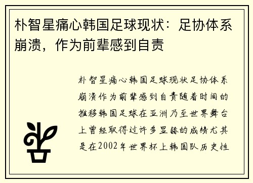 朴智星痛心韩国足球现状：足协体系崩溃，作为前辈感到自责