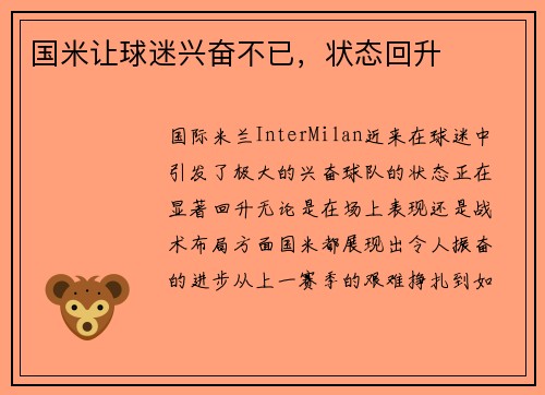 国米让球迷兴奋不已，状态回升