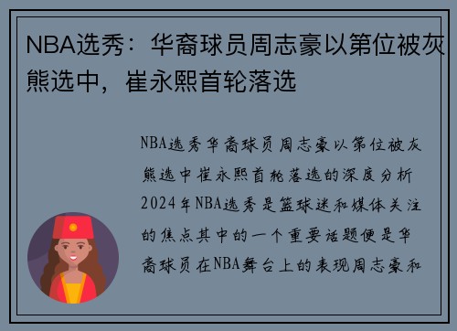 NBA选秀：华裔球员周志豪以第位被灰熊选中，崔永熙首轮落选