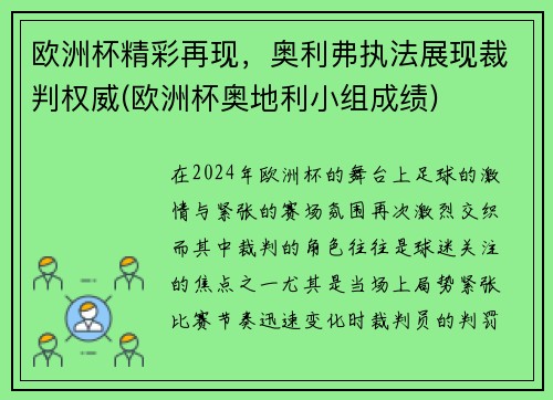 欧洲杯精彩再现，奥利弗执法展现裁判权威(欧洲杯奥地利小组成绩)