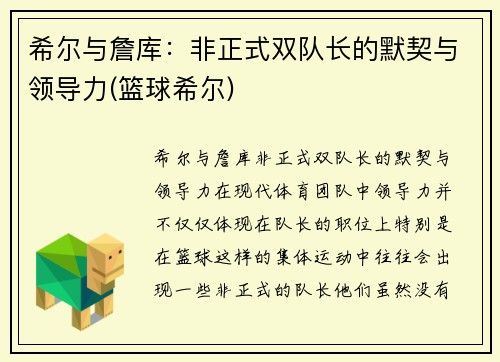 希尔与詹库：非正式双队长的默契与领导力(篮球希尔)